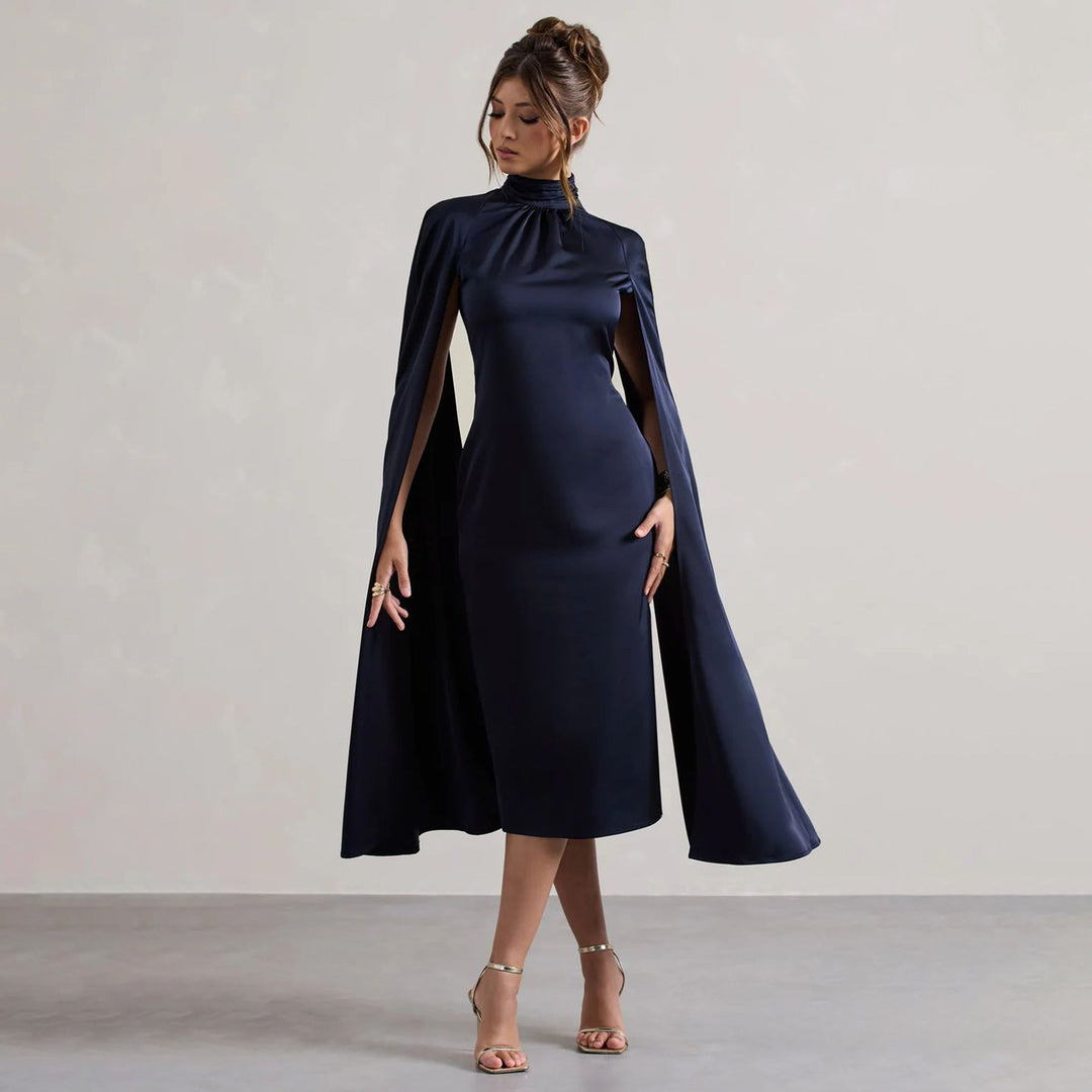 High Neck Satin Midi Dress for Women - Fall/Winter Elegance-Slay Eclectic