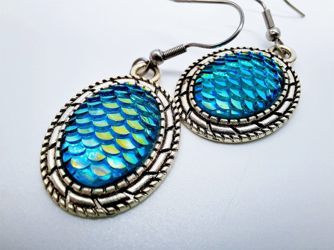 Blue Iridescent Oval Mermaid Scale Earrings