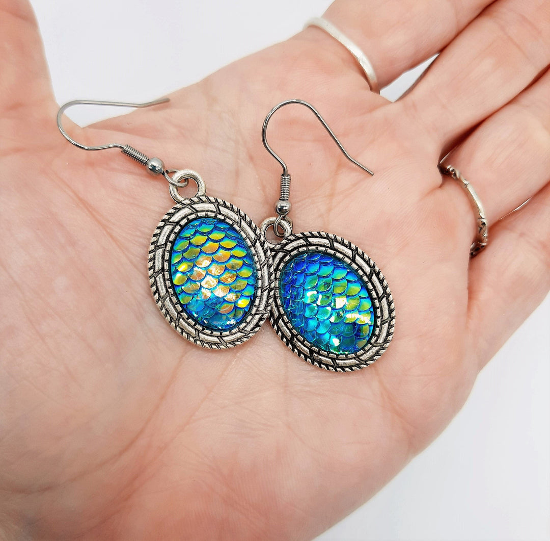 Blue Iridescent Oval Mermaid Scale Earrings