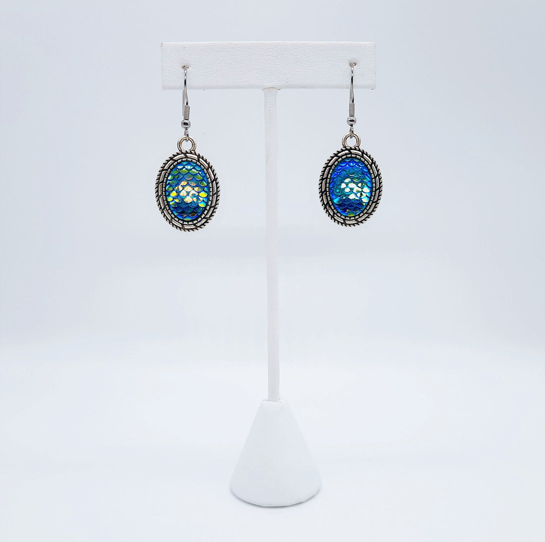 Blue Iridescent Oval Mermaid Scale Earrings