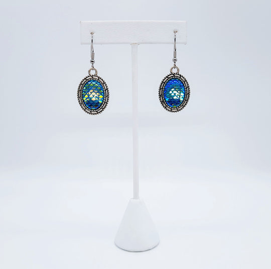 Blue Iridescent Oval Mermaid Scale Earrings