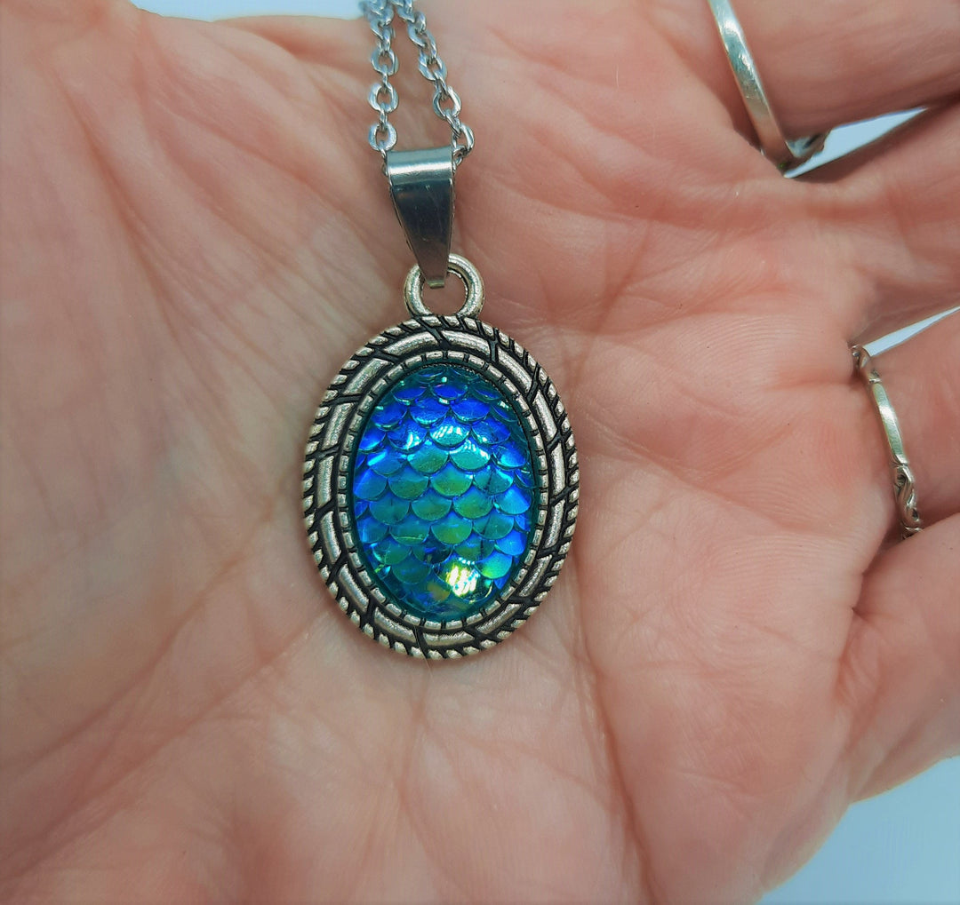 Blue Iridescent Oval Mermaid Scale Necklace & Earring Set