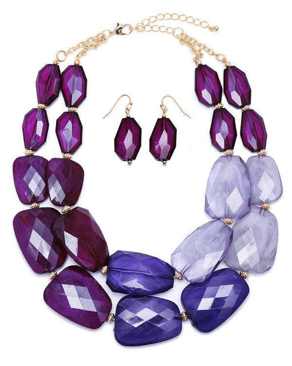 MULTI COLOR FACET RESIN STONE DOUBLE CHAIN NECKLACE EARRING SET-0