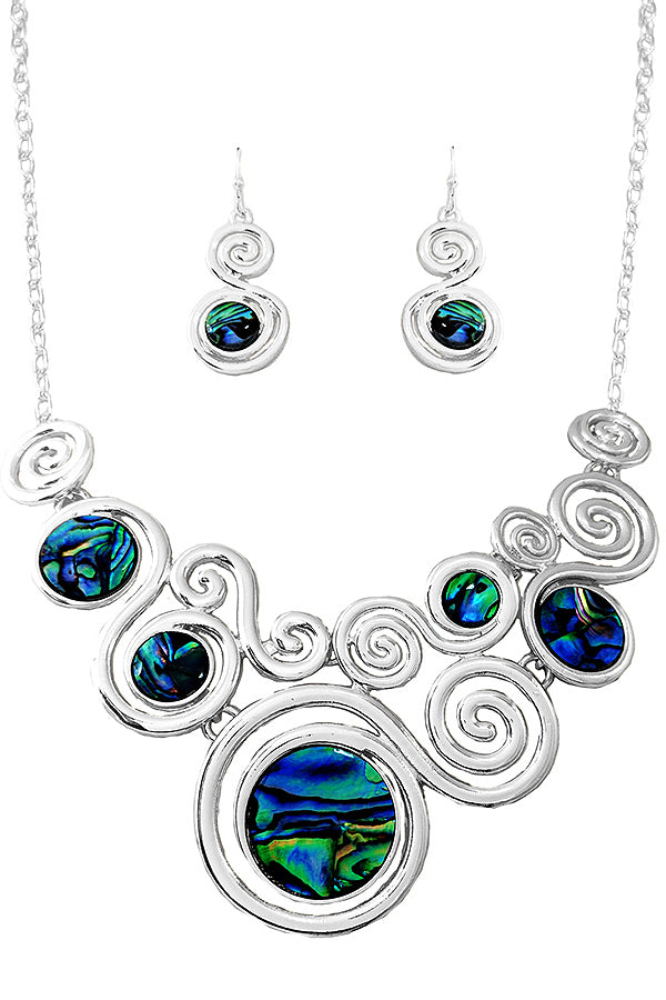 METAL SWIRL AND ABALONE DISC MIX STATEMENT NECKLACE SET-0