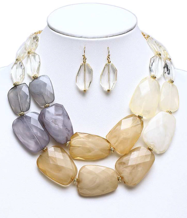 CHUNKY MULTI COLOR FACET RESIN STONE DOUBLE CHAIN NECKLACE EARRING SET-0