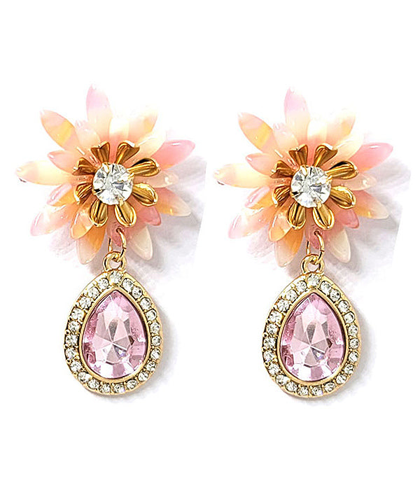 CRYSTAL CENTER FLOWER AND FACET TEARDROP EARRING-0