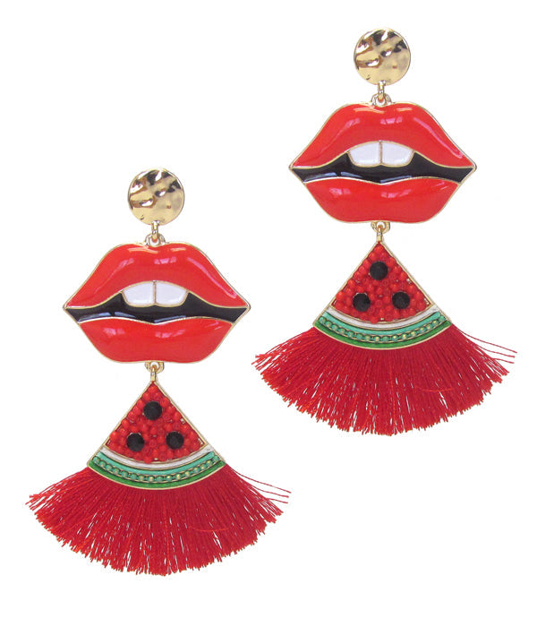 EPOXY LIP AND WATERMELON FAN TASSEL EARRING-0