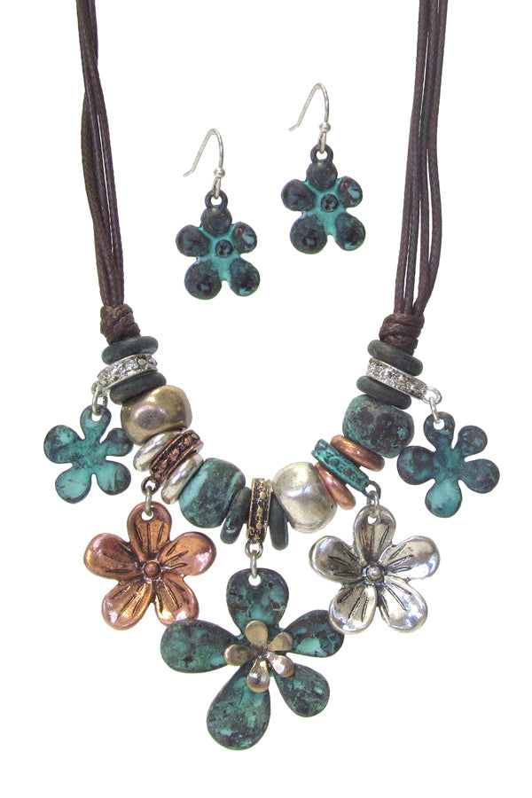 MULTI FLOWER CHARM LINK AND CORD NECKLACE SET-0