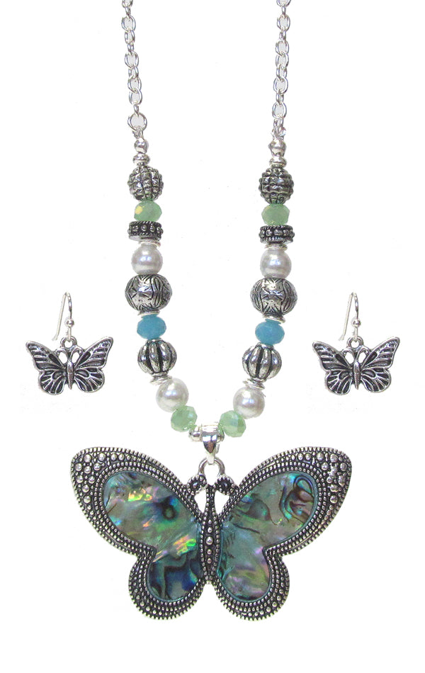 ABALONE PENDANT AND MIX BEAD NECKLACE SET - BUTTERFLY-0