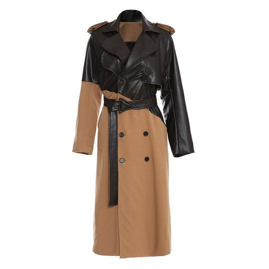 Khaki Color - Block Faux Leather Mid - Length Wind Coat with Lace - Up Waist for Women - Slay Eclectic