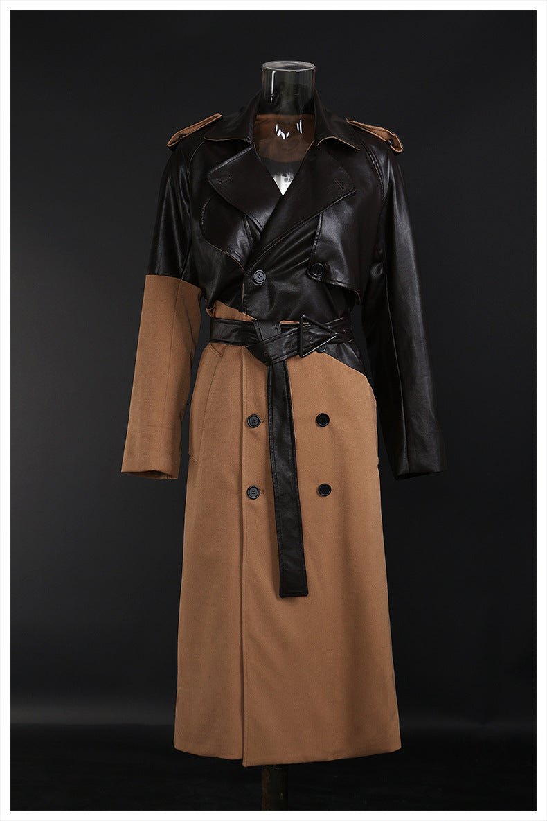 Khaki Color - Block Faux Leather Mid - Length Wind Coat with Lace - Up Waist for Women - Slay Eclectic