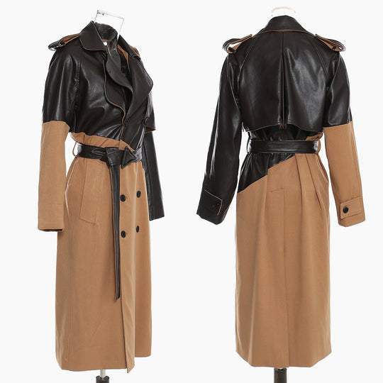 Khaki Color - Block Faux Leather Mid - Length Wind Coat with Lace - Up Waist for Women - Slay Eclectic