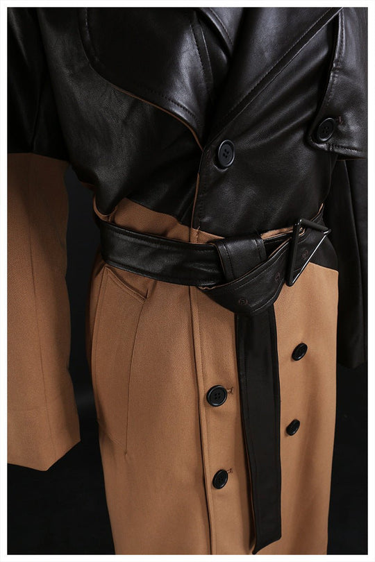 Khaki Color - Block Faux Leather Mid - Length Wind Coat with Lace - Up Waist for Women - Slay Eclectic