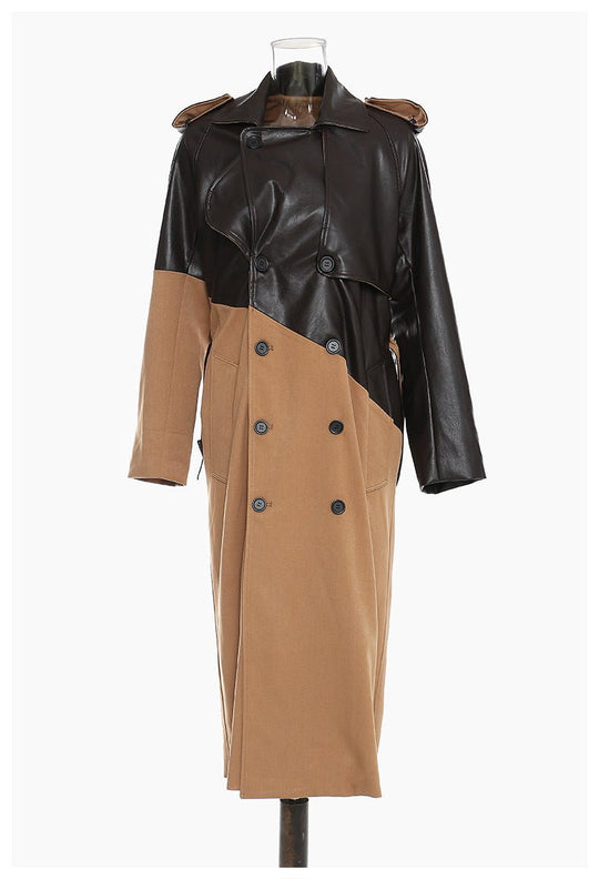 Khaki Color - Block Faux Leather Mid - Length Wind Coat with Lace - Up Waist for Women - Slay Eclectic