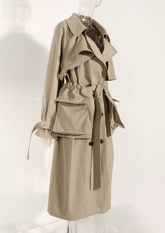 Khaki Cotton Long Trench Coat for Women with Removable Pockets and Tie Front - Spring British Style Below the Knee - Slay Eclectic