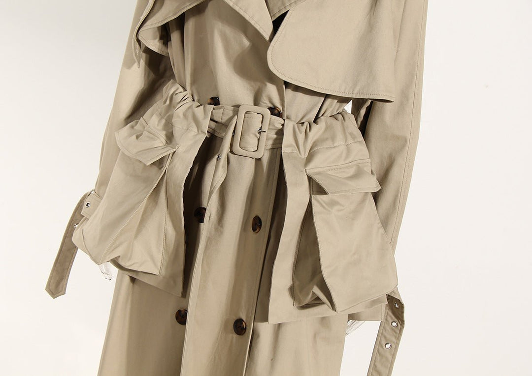 Khaki Cotton Long Trench Coat for Women with Removable Pockets and Tie Front - Spring British Style Below the Knee - Slay Eclectic