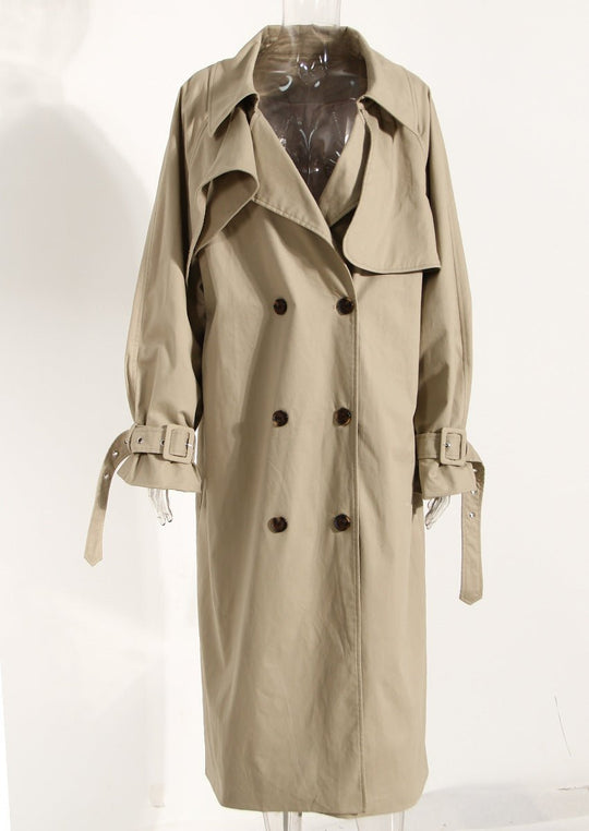 Khaki Cotton Long Trench Coat for Women with Removable Pockets and Tie Front - Spring British Style Below the Knee - Slay Eclectic