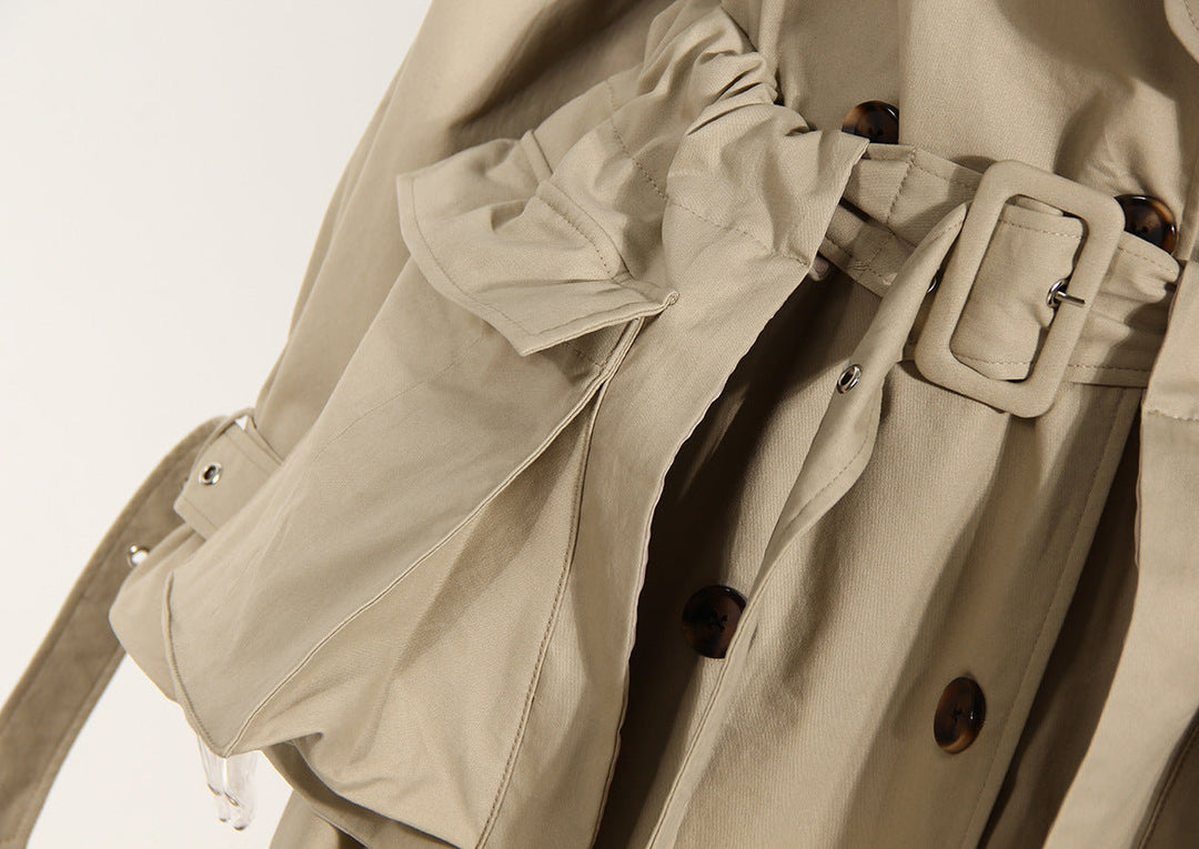 Khaki Cotton Long Trench Coat for Women with Removable Pockets and Tie Front - Spring British Style Below the Knee - Slay Eclectic