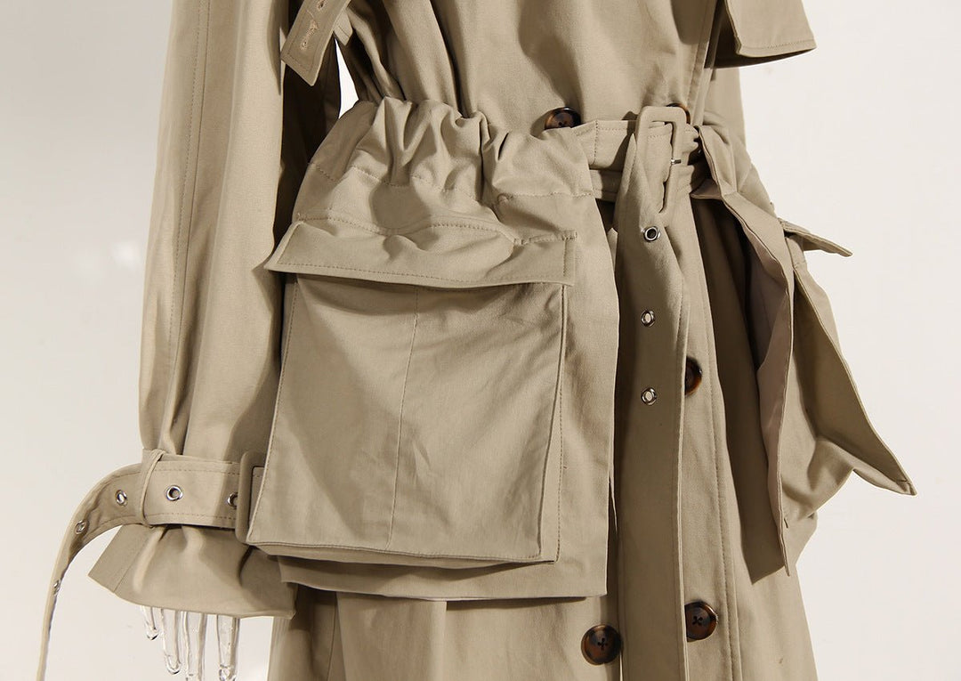 Khaki Cotton Long Trench Coat for Women with Removable Pockets and Tie Front - Spring British Style Below the Knee - Slay Eclectic