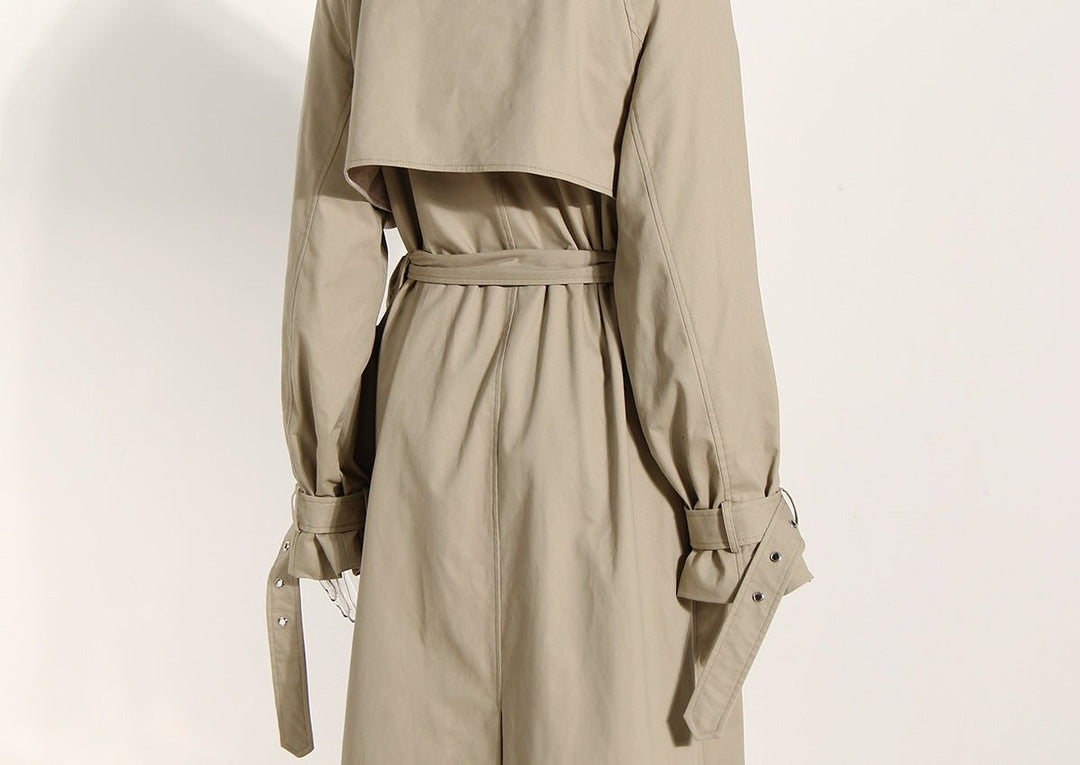 Khaki Cotton Long Trench Coat for Women with Removable Pockets and Tie Front - Spring British Style Below the Knee - Slay Eclectic