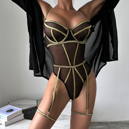 Lingerie Sexy Underwear Jumpsuit Gold Silk Beautiful Line Mesh Stitching Girl Camisole | Slay Eclectic