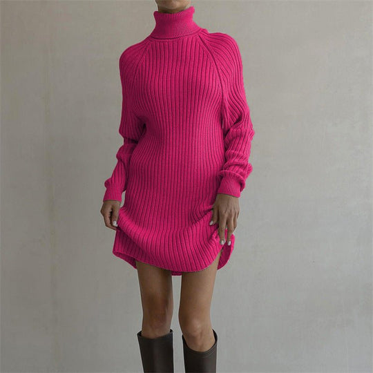 Long Sleeve High Collar Sweater Dress Women Casual Loose Thick Sunken Stripe Solid Color Sheath Autumn Winter Knitting Dress-Slay Eclectic