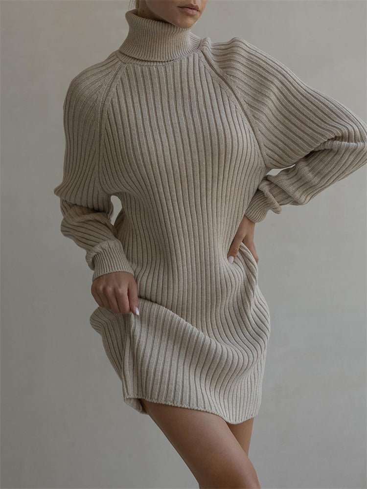 Long Sleeve High Collar Sweater Dress Women Casual Loose Thick Sunken Stripe Solid Color Sheath Autumn Winter Knitting Dress-Slay Eclectic