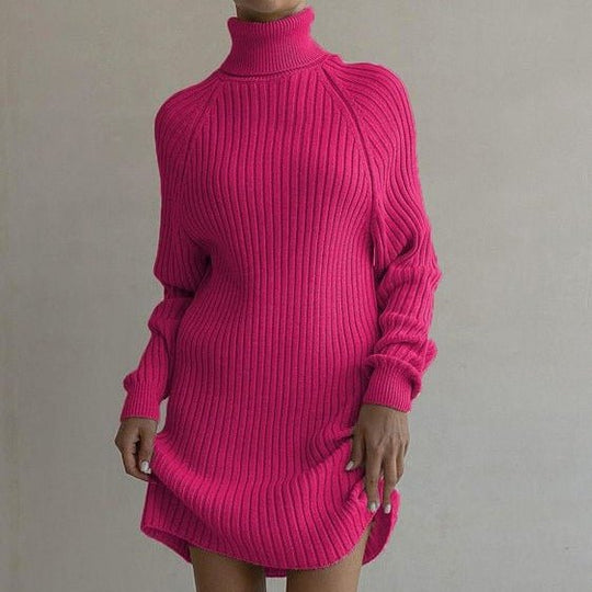 Long Sleeve High Collar Sweater Dress Women Casual Loose Thick Sunken Stripe Solid Color Sheath Autumn Winter Knitting Dress-Slay Eclectic