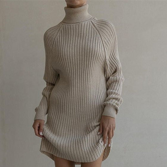 Long Sleeve High Collar Sweater Dress Women Casual Loose Thick Sunken Stripe Solid Color Sheath Autumn Winter Knitting Dress-Slay Eclectic