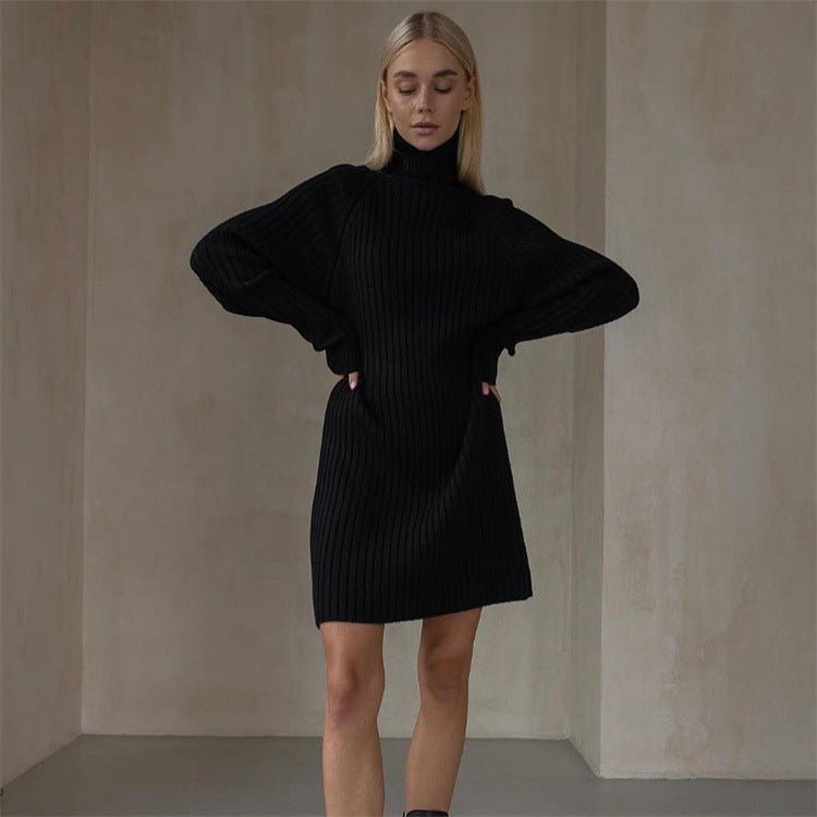 Long Sleeve High Collar Sweater Dress Women Casual Loose Thick Sunken Stripe Solid Color Sheath Autumn Winter Knitting Dress-Slay Eclectic