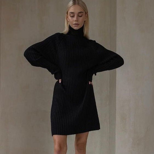 Long Sleeve High Collar Sweater Dress Women Casual Loose Thick Sunken Stripe Solid Color Sheath Autumn Winter Knitting Dress-Slay Eclectic