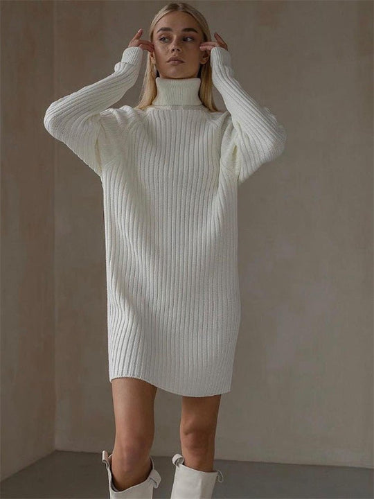 Long Sleeve High Collar Sweater Dress Women Casual Loose Thick Sunken Stripe Solid Color Sheath Autumn Winter Knitting Dress-Slay Eclectic