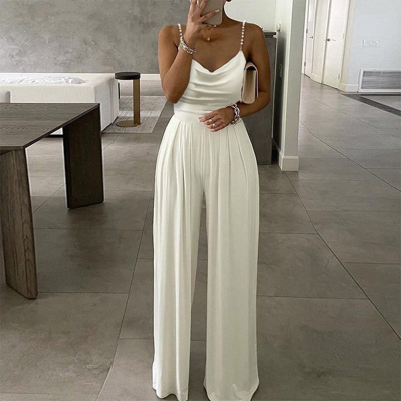 Lustrous Pearl Chain Sleeveless Loose Fit Jumpsuit - White-Slay Eclectic