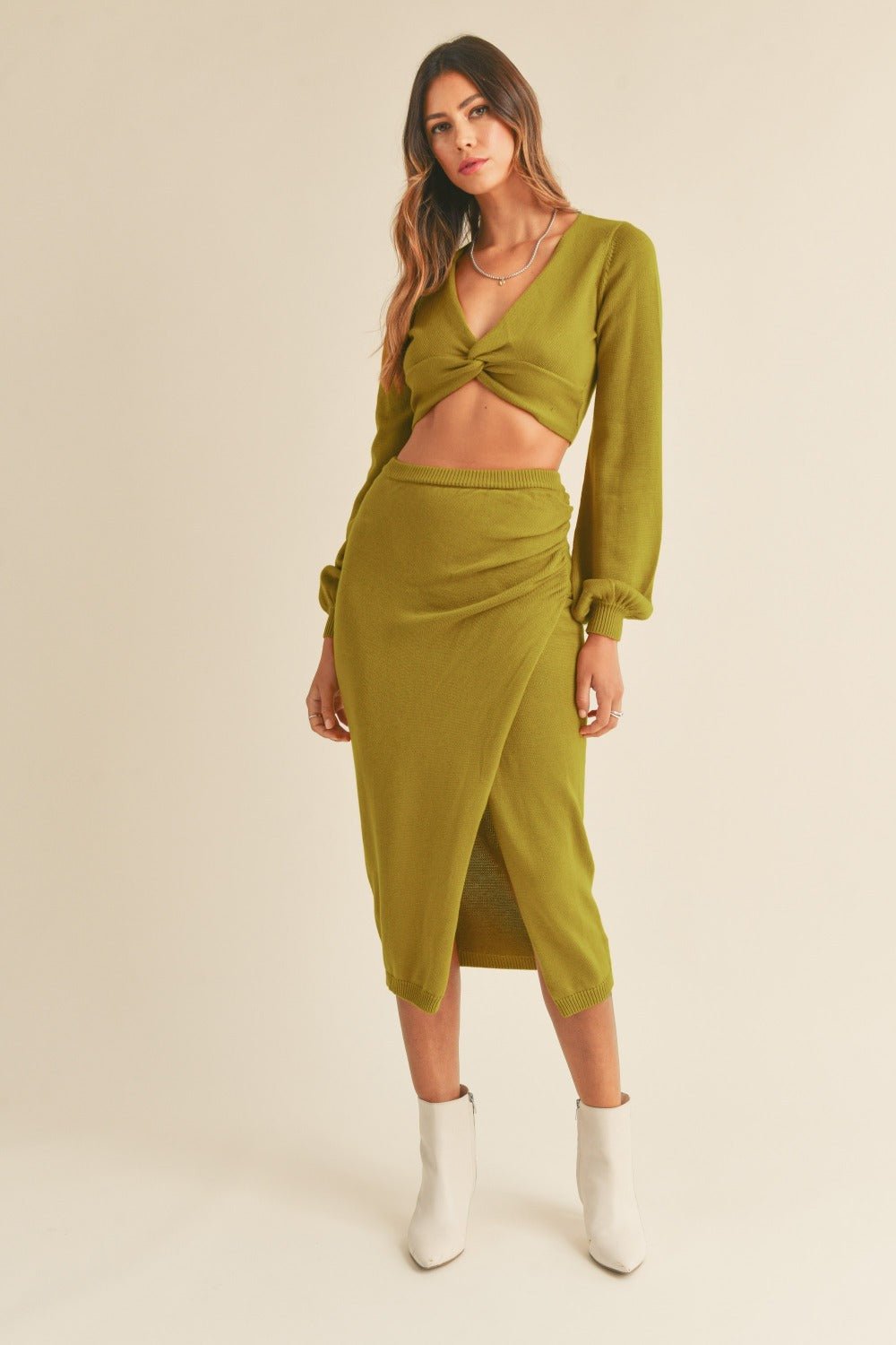 MABLE Front Twisted Knit Top and Midi Skirt Set-Slay Eclectic