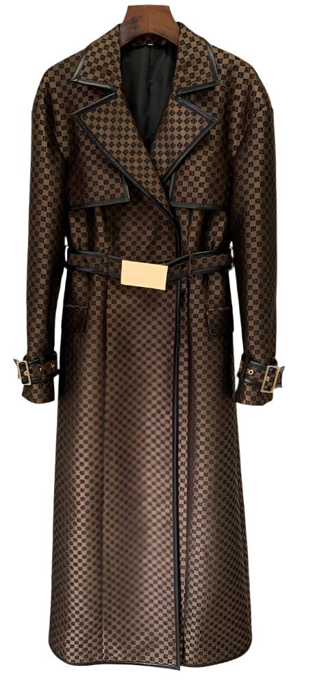 Maze Pattern Elegance: Long Belted Trench Coat for Autumn/Winter-Slay Eclectic