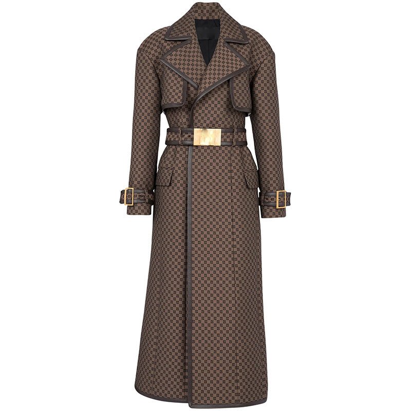 Maze Pattern Elegance: Long Belted Trench Coat for Autumn/Winter - Slay Eclectic