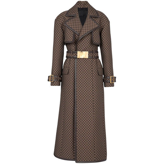 Maze Pattern Elegance: Long Belted Trench Coat for Autumn/Winter-Slay Eclectic