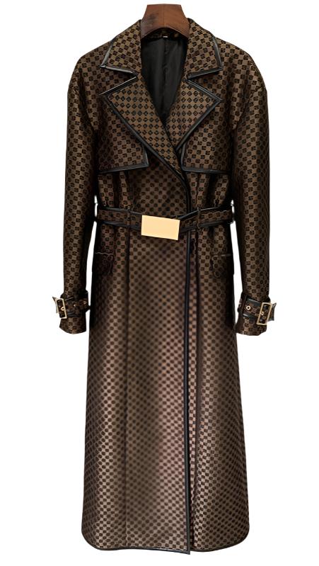 Maze Pattern Elegance: Long Belted Trench Coat for Autumn/Winter-Slay Eclectic