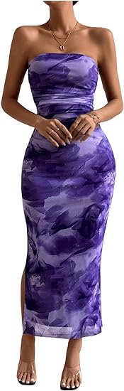 Mesh Floral Bodycon Maxi Dress - Purple-Slay Eclectic