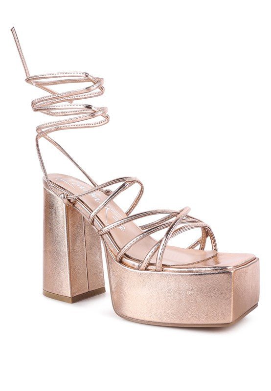 Metallic Sheen Block Heeled Lace-Up Sandals-Slay Eclectic