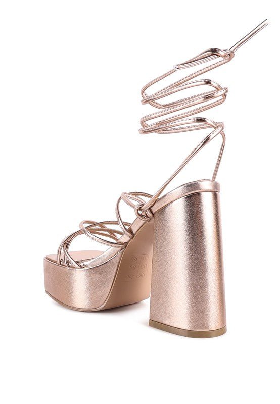 Metallic Sheen Block Heeled Lace-Up Sandals-Slay Eclectic