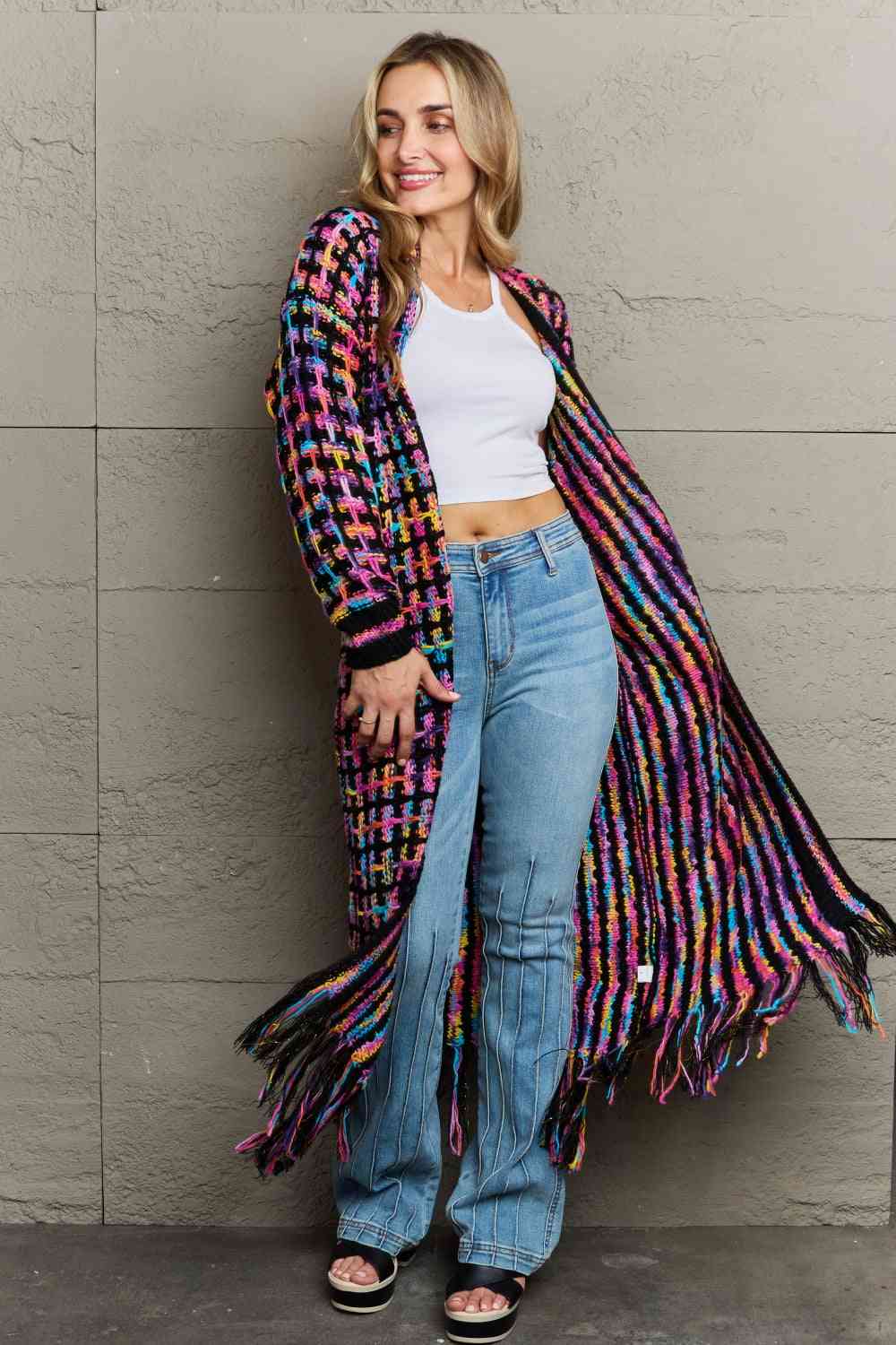 Multicolored Open Front Fringe Hem Cardigan | Slay Eclectic