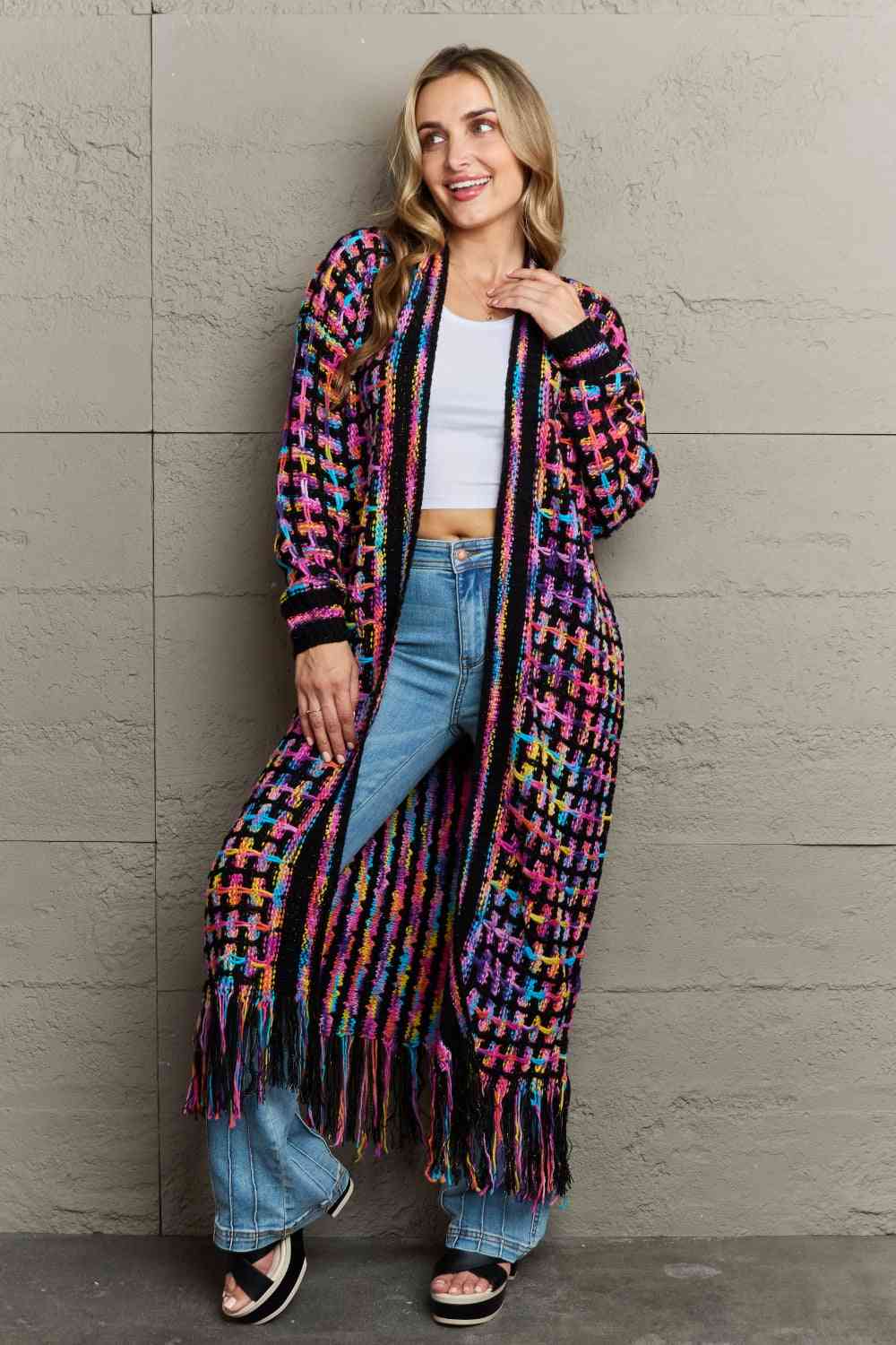 Multicolored Open Front Fringe Hem Cardigan | Slay Eclectic