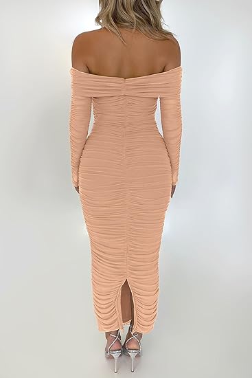 Off Shoulder Maxi Bodycon Ruched Fitted Club Dress - Cream | Slay Eclectic