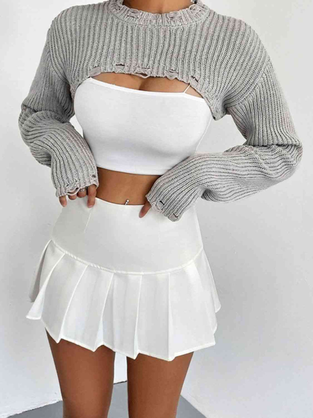 Open Front Drop Shoulder Distressed Long Sleeve Cropped Sweater - Gray | Slay Eclectic