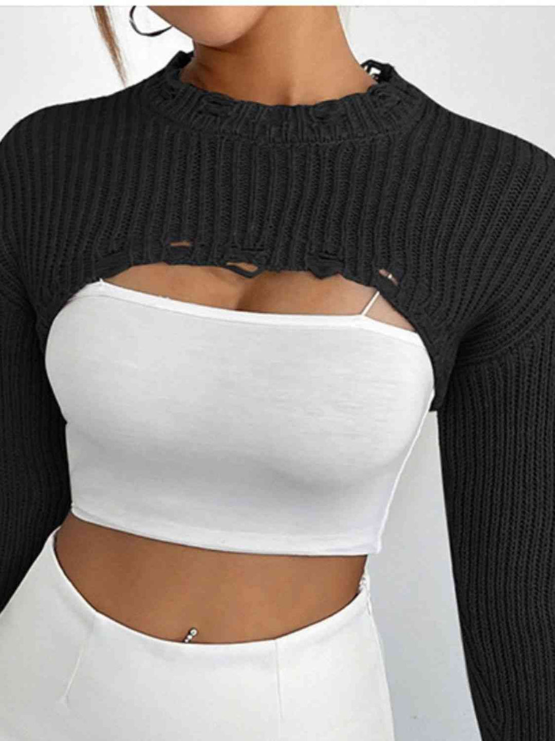 Open Front Drop Shoulder Distressed Long Sleeve Cropped Sweater - Gray | Slay Eclectic