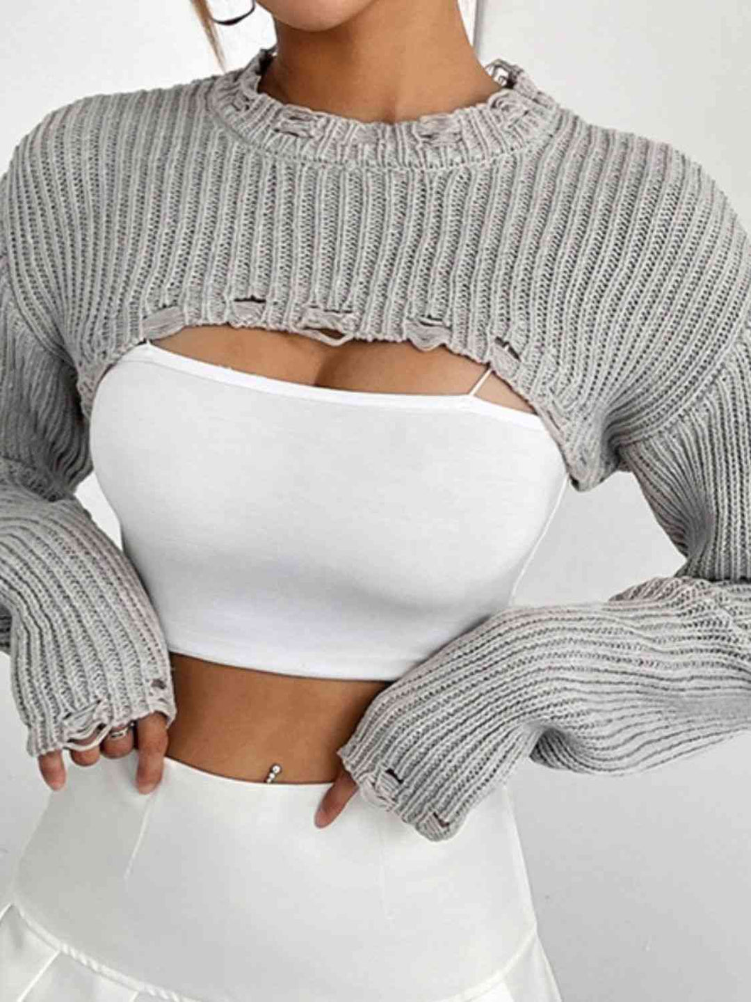 Open Front Drop Shoulder Distressed Long Sleeve Cropped Sweater - Gray-Slay Eclectic