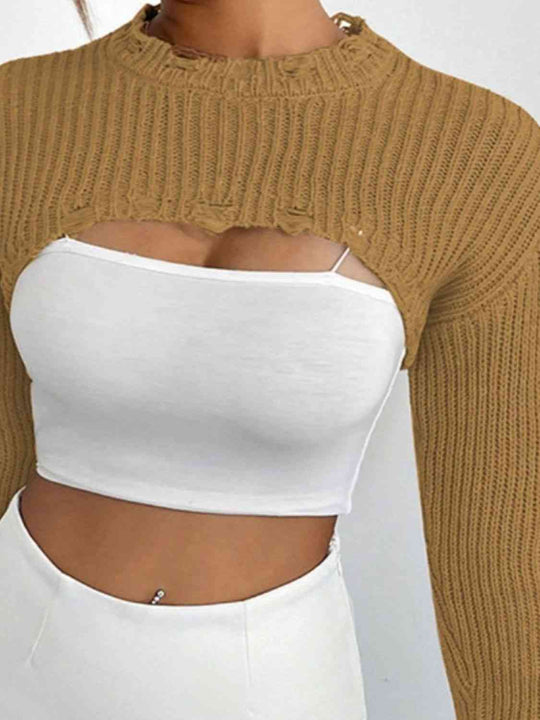 Open Front Drop Shoulder Distressed Long Sleeve Cropped Sweater - Gray | Slay Eclectic