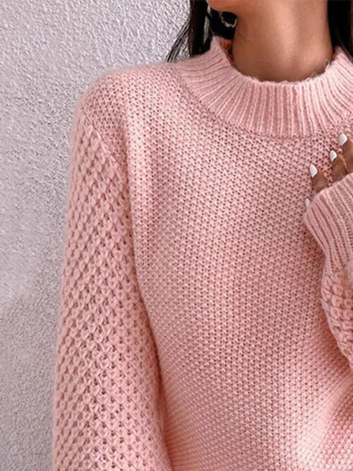 Openwork Mock Neck Long Sleeve Sweater - Pink-Slay Eclectic