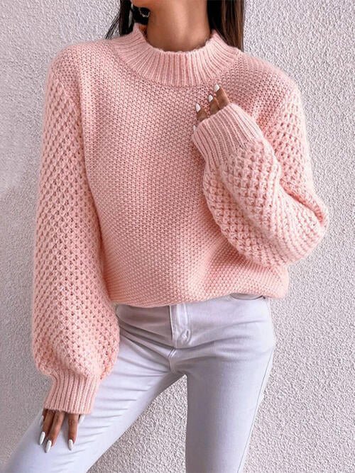 Openwork Mock Neck Long Sleeve Sweater - Pink-Slay Eclectic